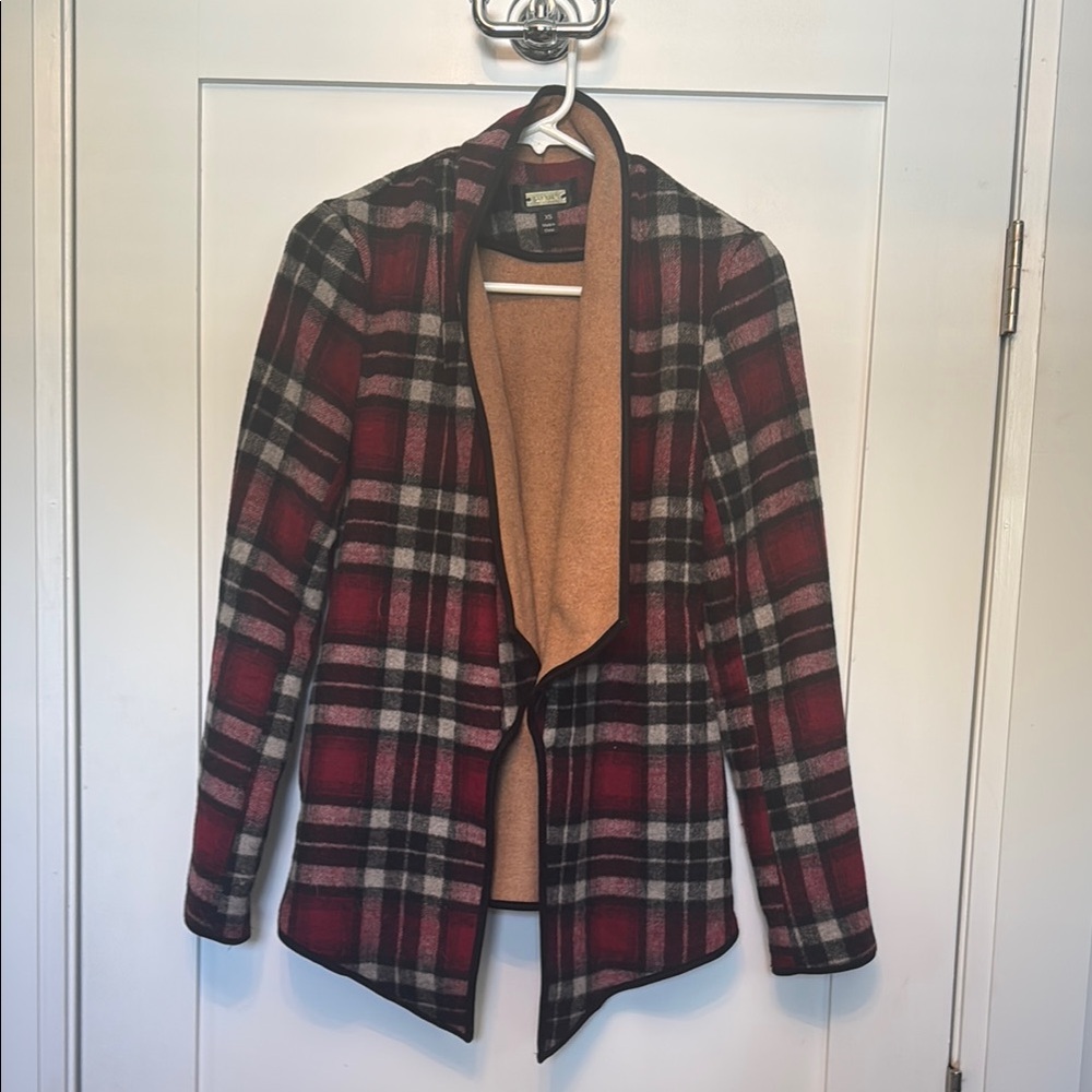 Greylin Red and Black Plaid Blazer Modern Open Front Design